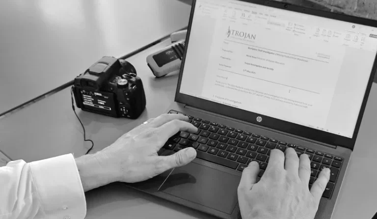 trojan Investigation and security expert conducting a background check in their office using a lap top
